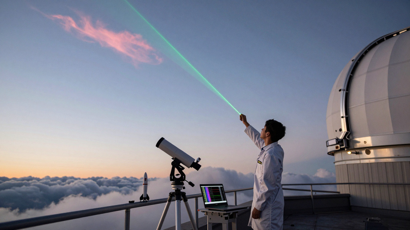 Om în halat alb la observator astronomic, cu telescop și laser verde spre cer la apus.