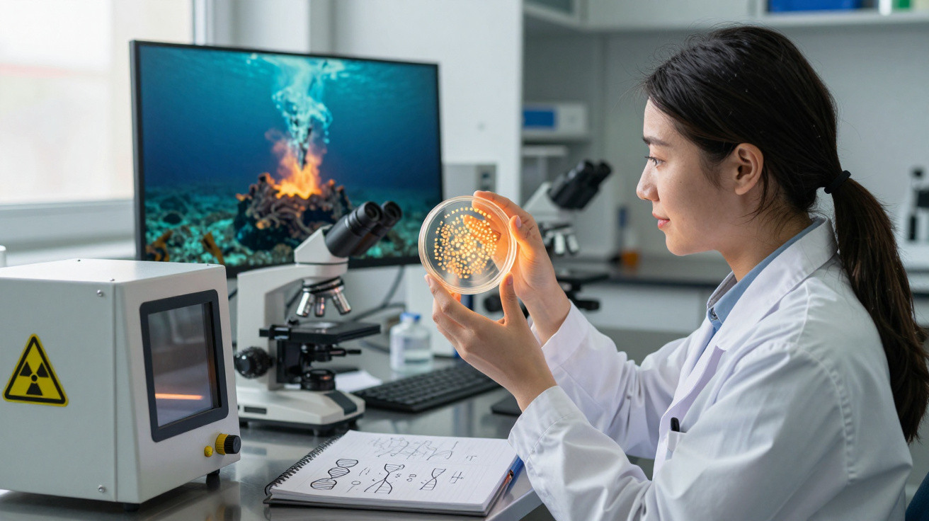 O cercetătoare examinează o plachetă Petri într-un laborator cu echipamente de microscopie.