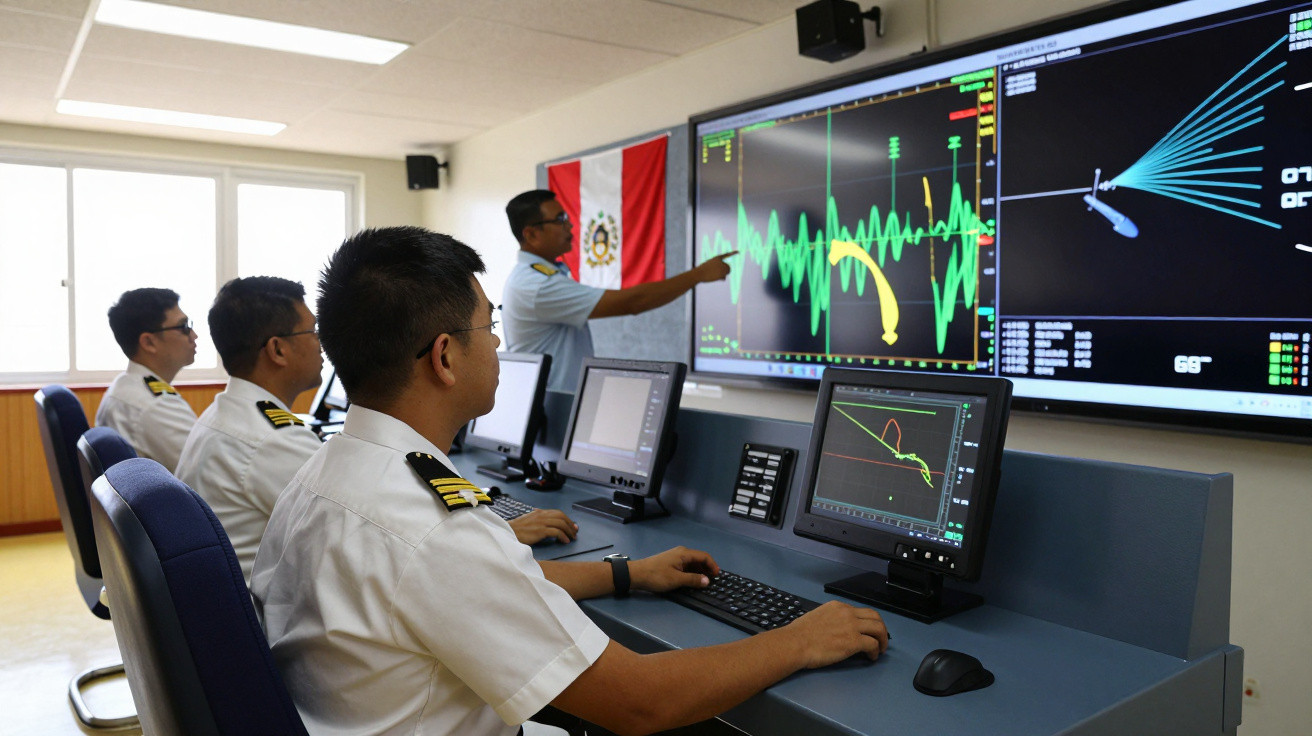 Ofițeri navali în uniforme albe monitorizează date tehnice pe ecrane mari într-o sală de control modernă.