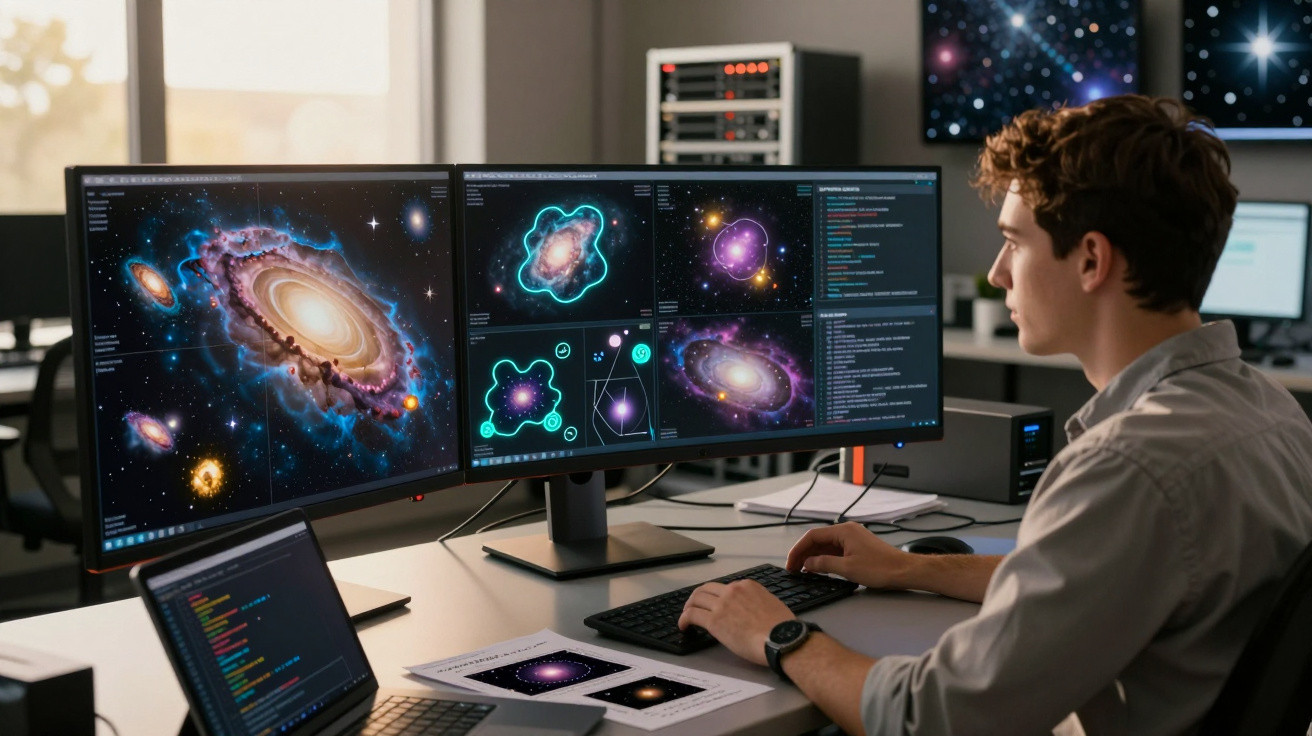 Bărbat studiază imagini și date despre galaxii și univers pe două monitoare mari într-un laborator modern.