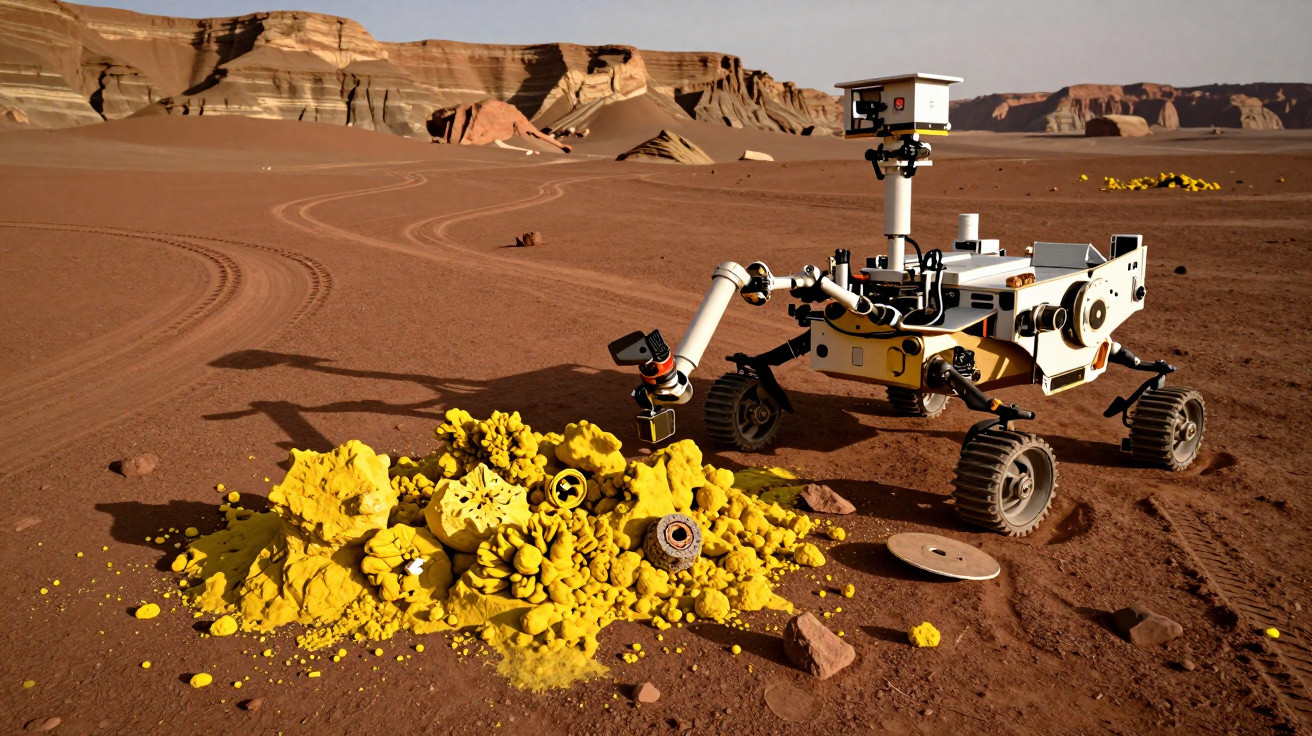 Rover spațial explorând un teren deșertic roșu cu roci galbene și formațiuni stâncoase în fundal.