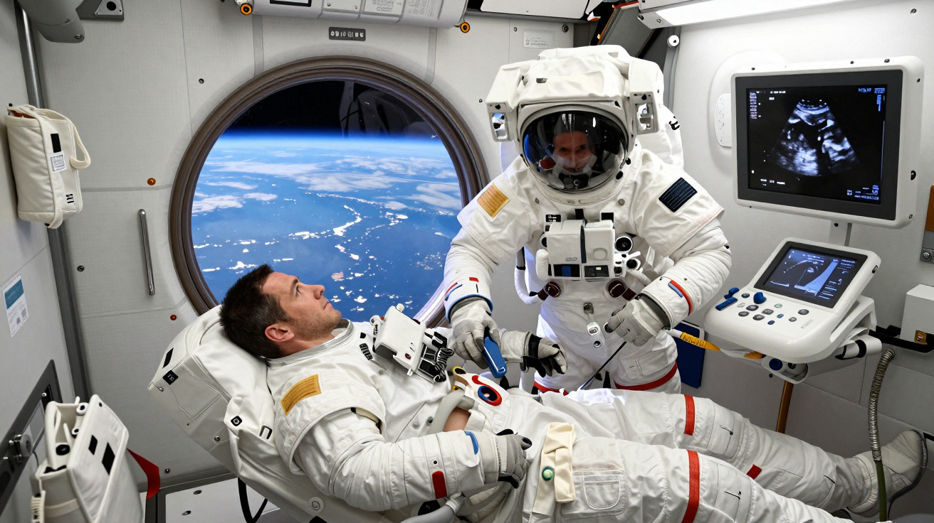 Doi astronauți în costum spațial într-un modul spațial, cu Pământul vizibil printr-o fereastră rotundă.