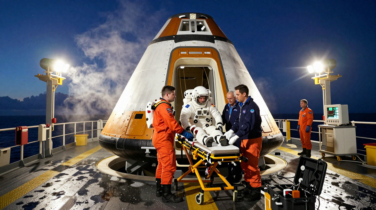 Patru persoane ajută un astronaut pe targă în fața unei capsule spațiale pe o platformă la apus.