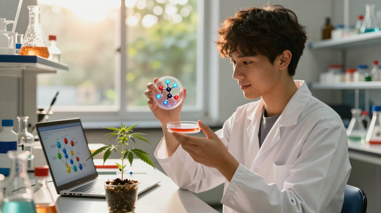 Tânăr cercetător în halat alb analizează o moleculă reprezentată digital în laborator cu plante și laptop.