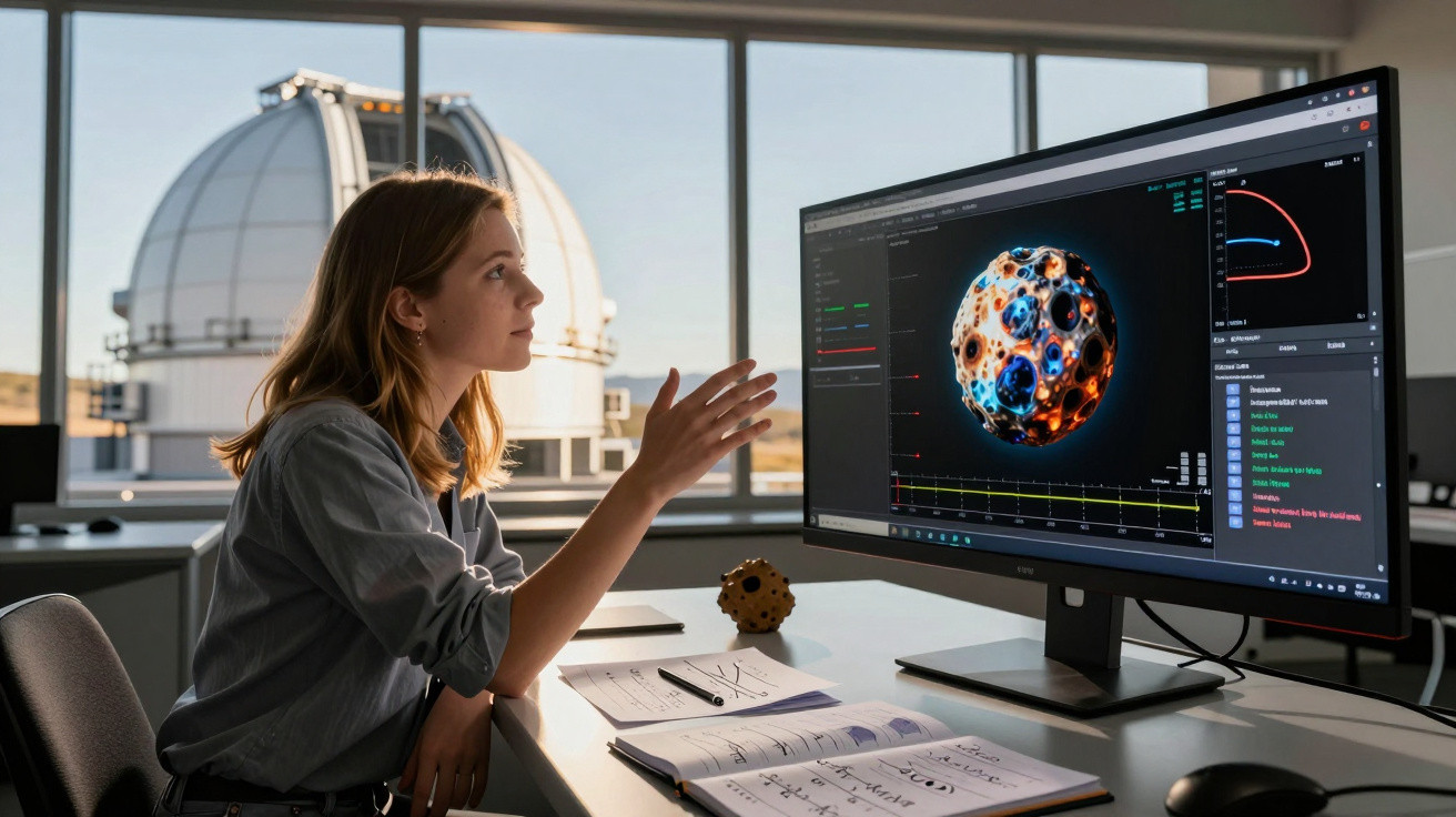 Femeie cercetător analizând model 3D al unei planete pe ecran, cu observator astronomic în spate.