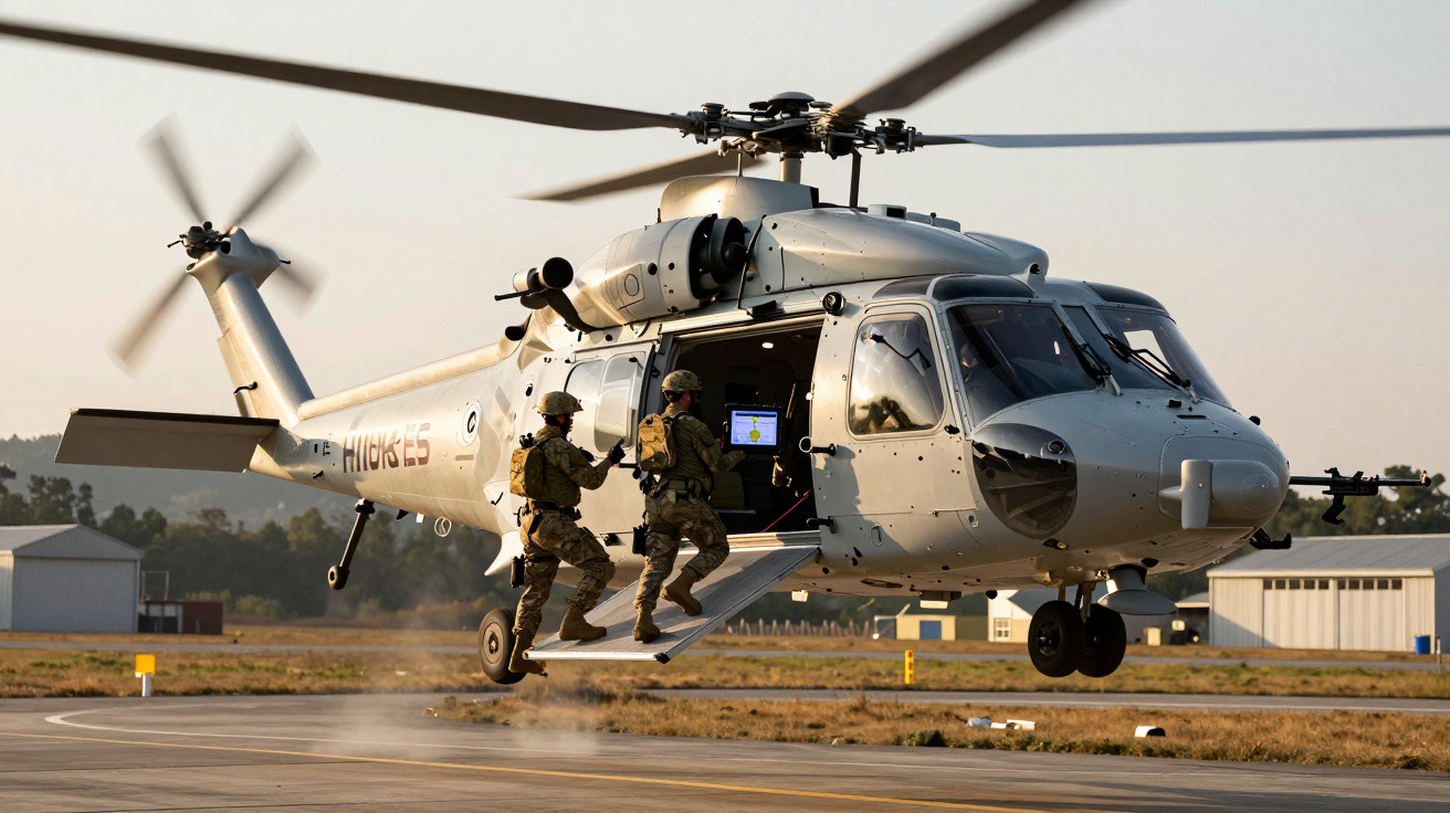 Doi soldați în echipament tactică urcă într-un elicopter militar gri la sol pe pistă.