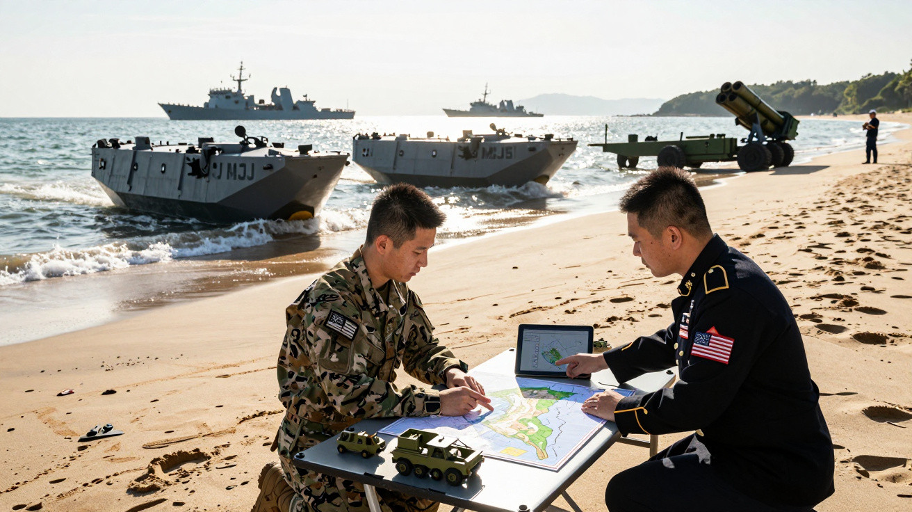 Doi militari discută planul pe o hartă pe plajă, cu ambarcațiuni militare și nave în fundal.