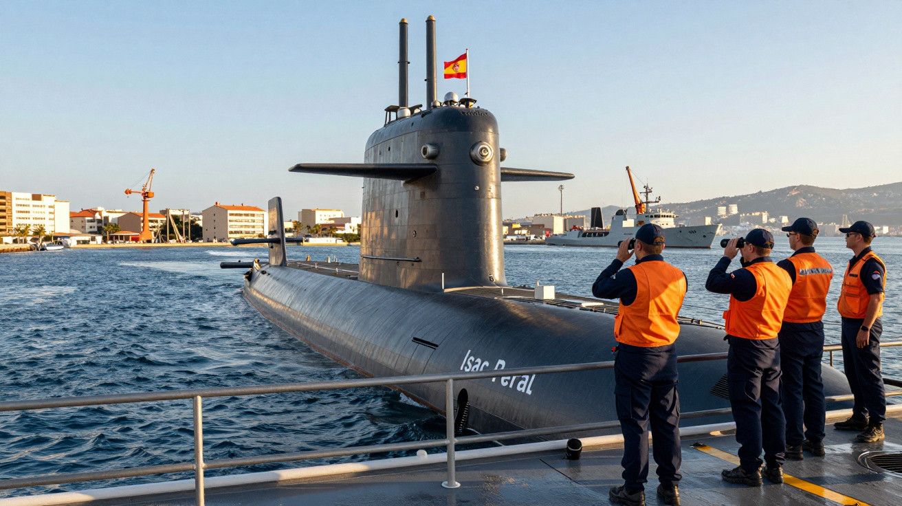 Submarin negru cu steag spaniol, ancorat, cu patru marinari în vestă portocalie care îl observă de pe punte.
