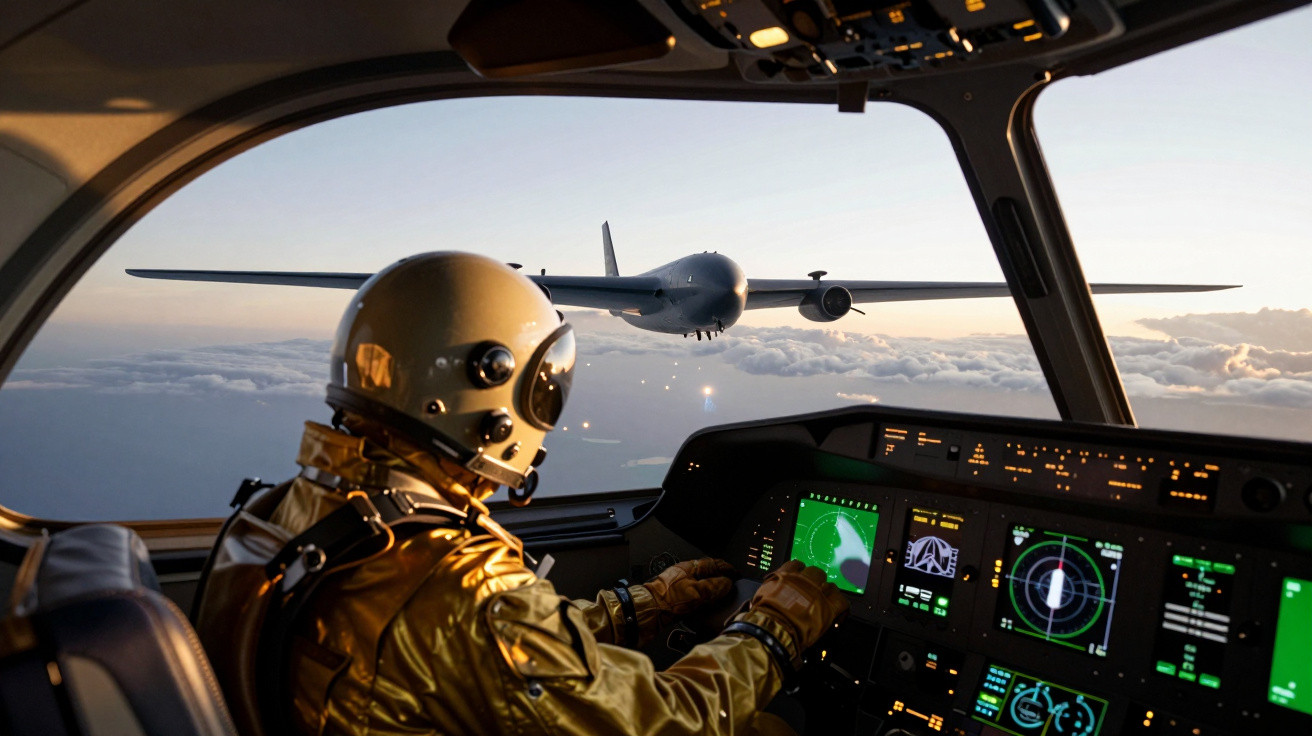 Pilot în costum spațial în cabina unui avion militar, urmărind alt aparat de zbor la apus peste nori.