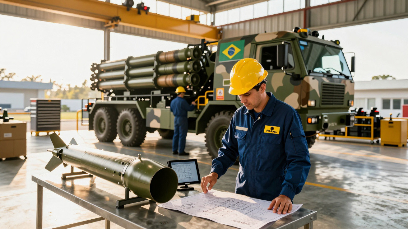 Tehnician în echipament de protecție lucrează la planuri lângă o rachetă și un camion militar în depozit.