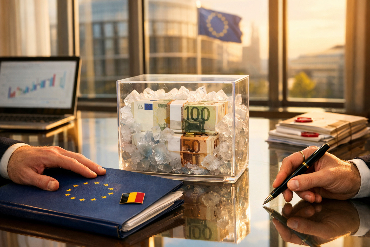 Bancnote euro în gheață pe birou, laptop deschis, dosar cu steagul UE și România, mâini scriind.