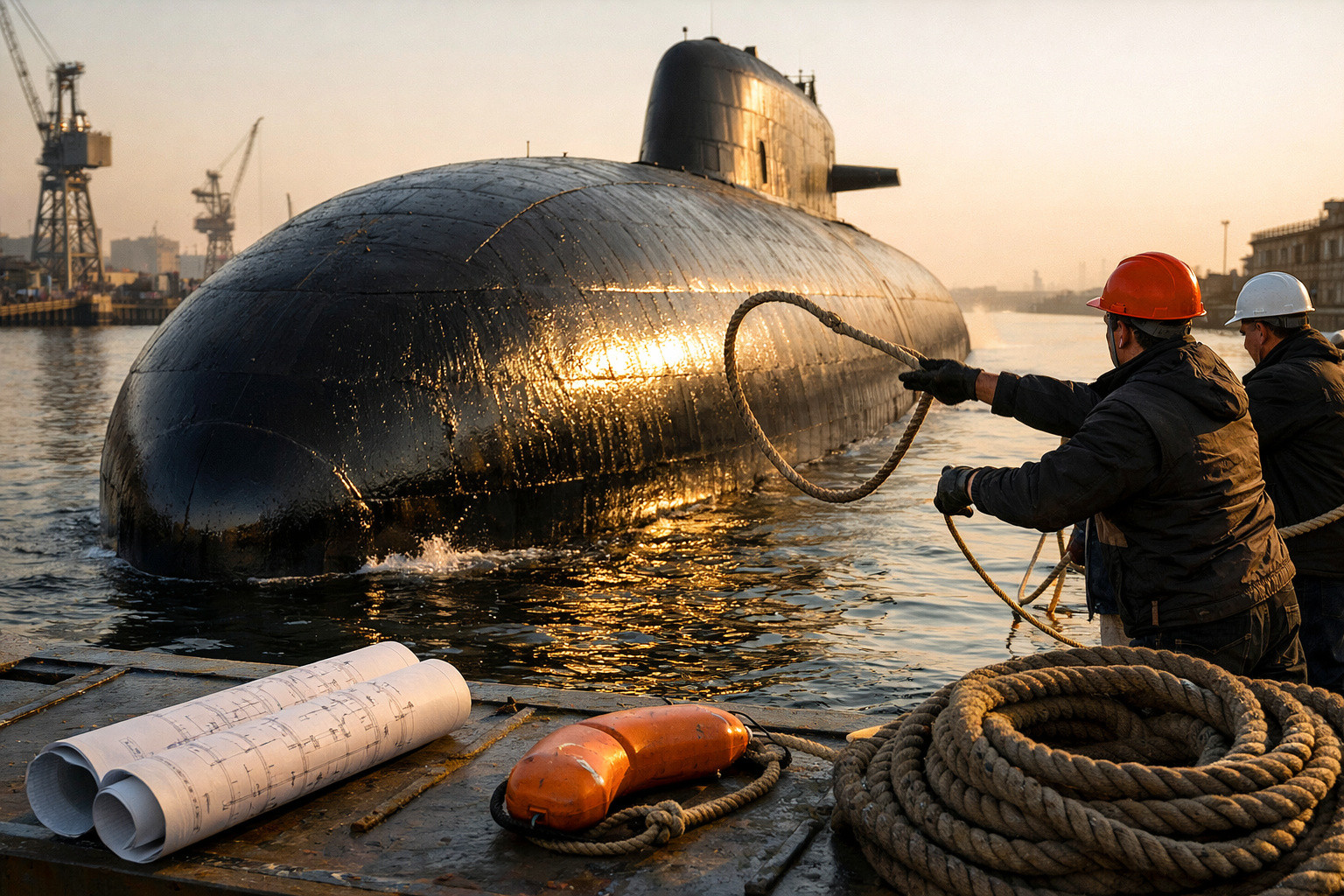 Submarin negru ieșind din apă, cu muncitori care îl leagă de chei în timpul apusului.