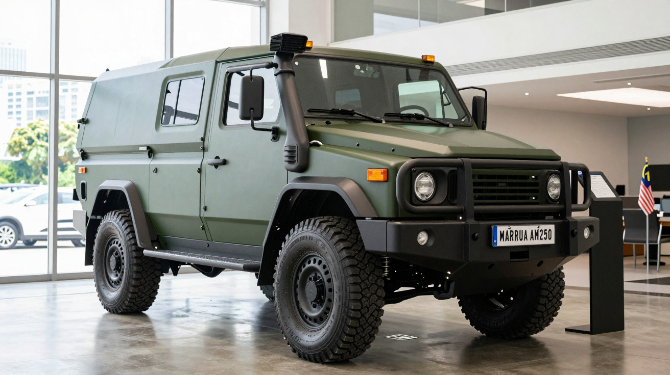 Autovehicul militar blindat de culoare verde într-un muzeu, cu roți mari și faruri rotunde.