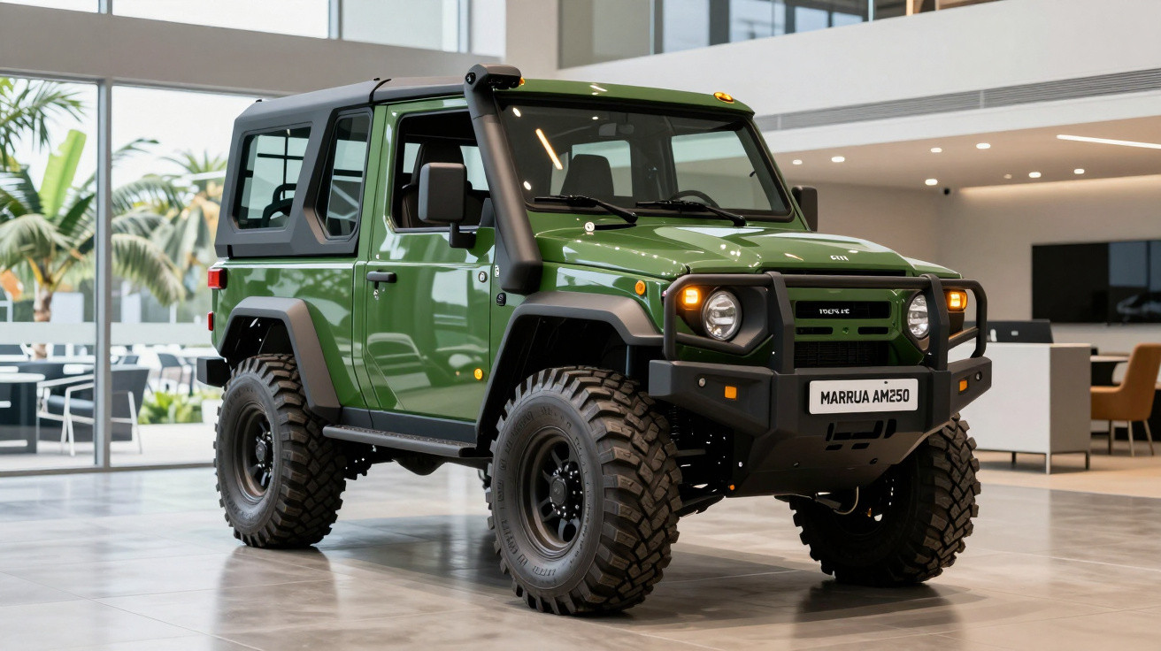Mașină off-road verde, tip SUV robust cu anvelope mari, în interior modern și luminos.