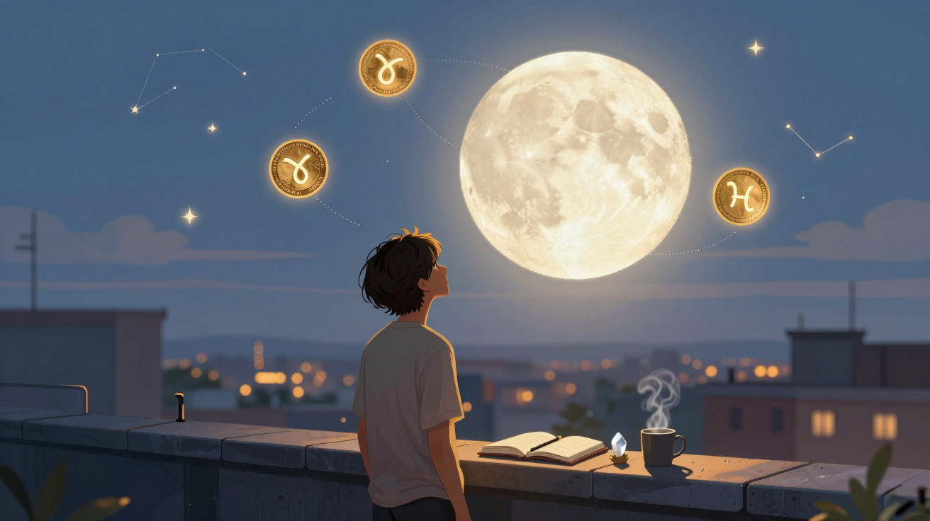 Tânăr contemplând luna plină și simboluri zodiacale pe acoperiș într-o seară senină de oraș.