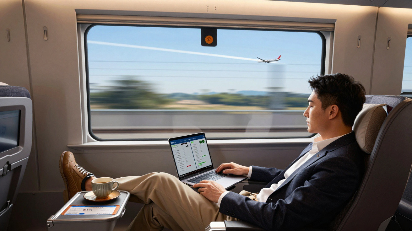 Bărbat în costum lucrează la laptop relaxat într-un tren modern cu peisaj și avion vizibil prin fereastră.