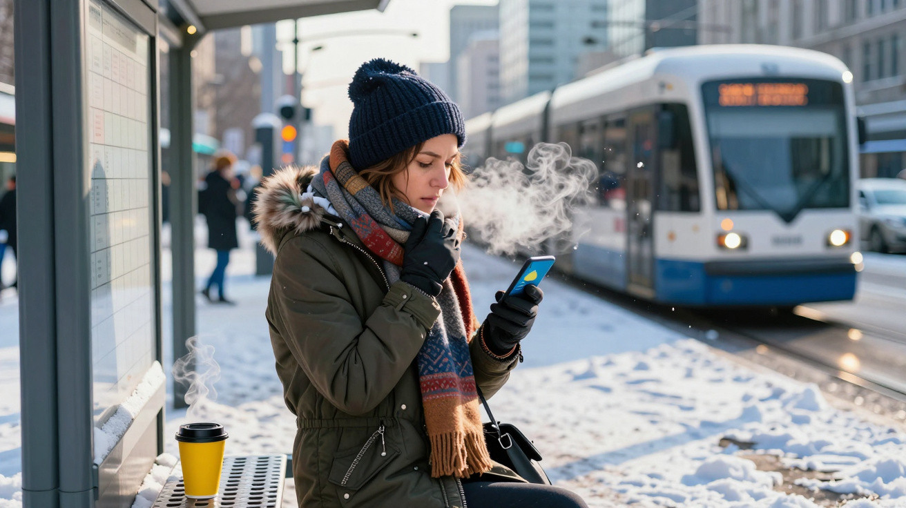 Tânără îmbrăcată la iarnă, folosind telefonul mobil în stația de tramvai cu zăpadă pe jos.