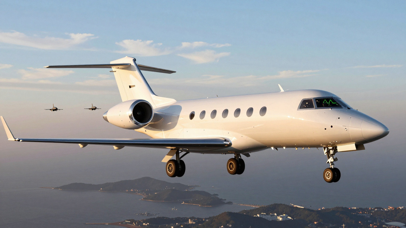 Un avion privat alb zburând peste un peisaj montan cu două avioane de luptă în spate.