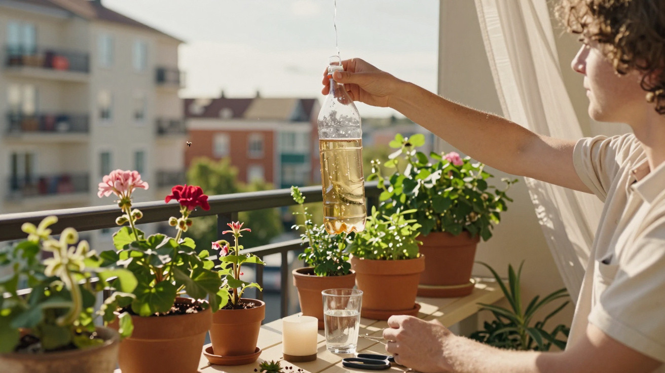 Persoană udând plante de apartament pe balcon într-o sticlă din plastic, cu flori colorate în ghivece.