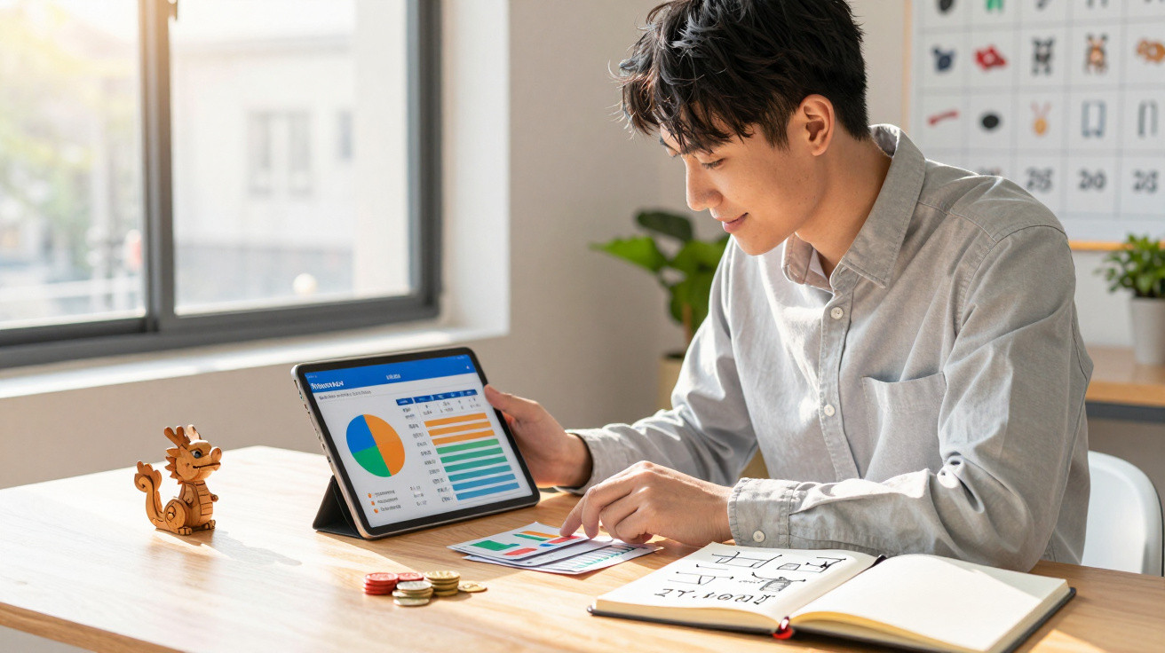 Bărbat tânăr analizează date financiare pe tabletă și notează într-un caiet la birou, lângă un dragon decorativ.