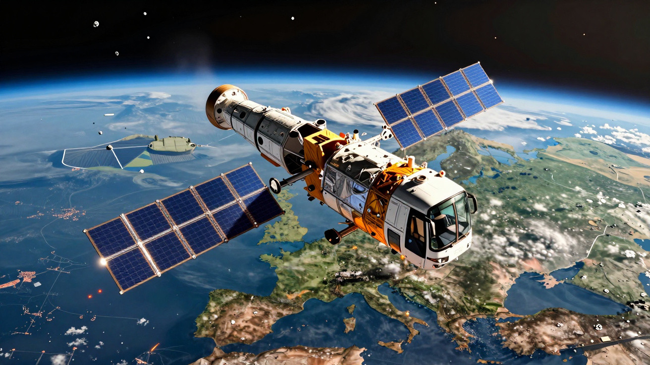 Satelit spațial cu panouri solare în orbită deasupra Europei și Mării Mediterane.