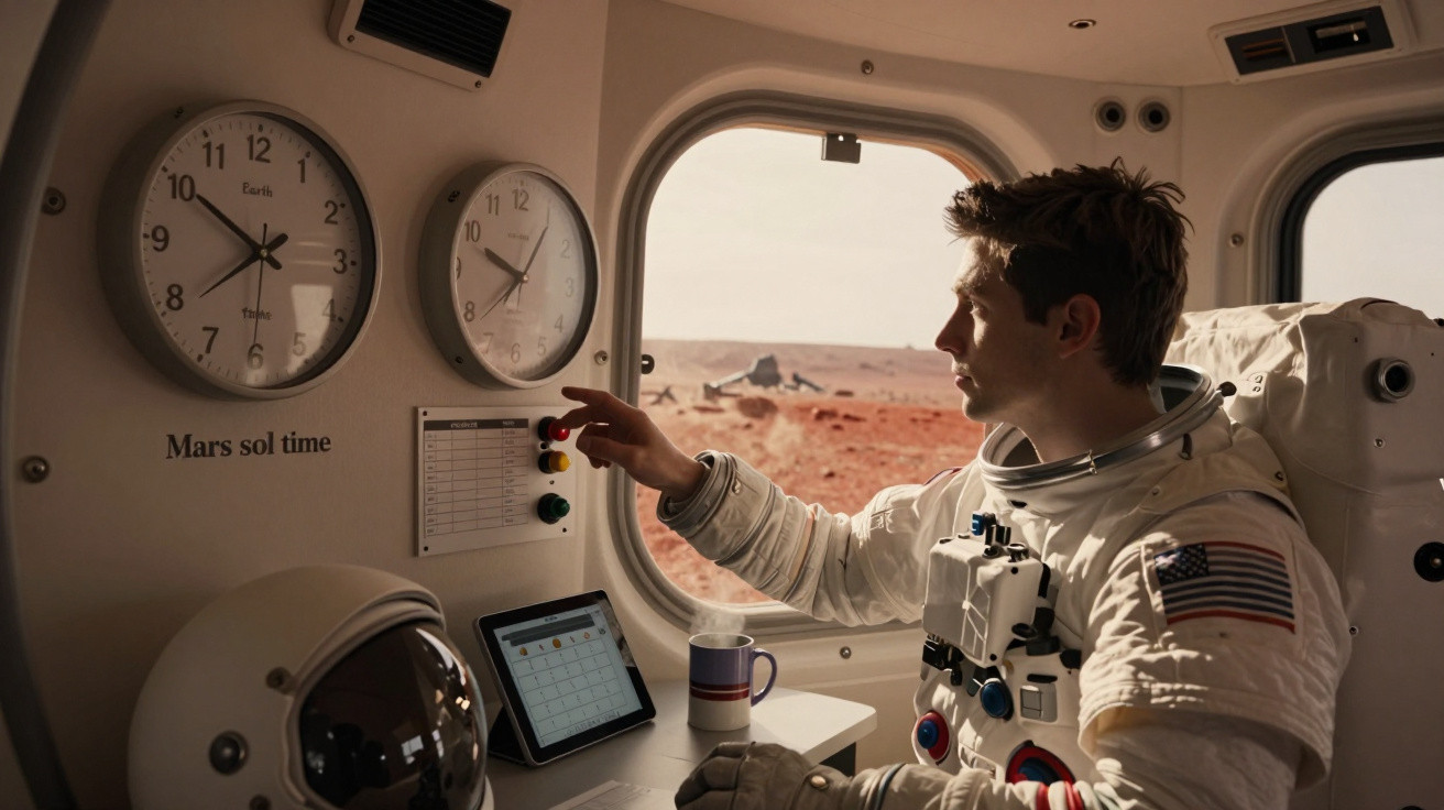 Astronaut în costum spațial în interior, ajustând un control, cu ceasuri și peisaj roșu marțian prin fereastră.