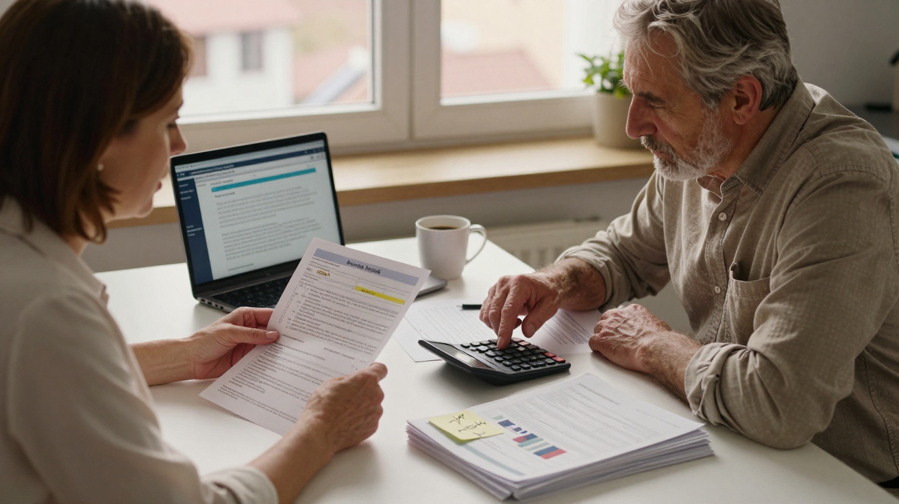 O femeie și un bărbat discută documente și calculează cheltuielile la o masă cu laptop și cafea lângă fereastră.