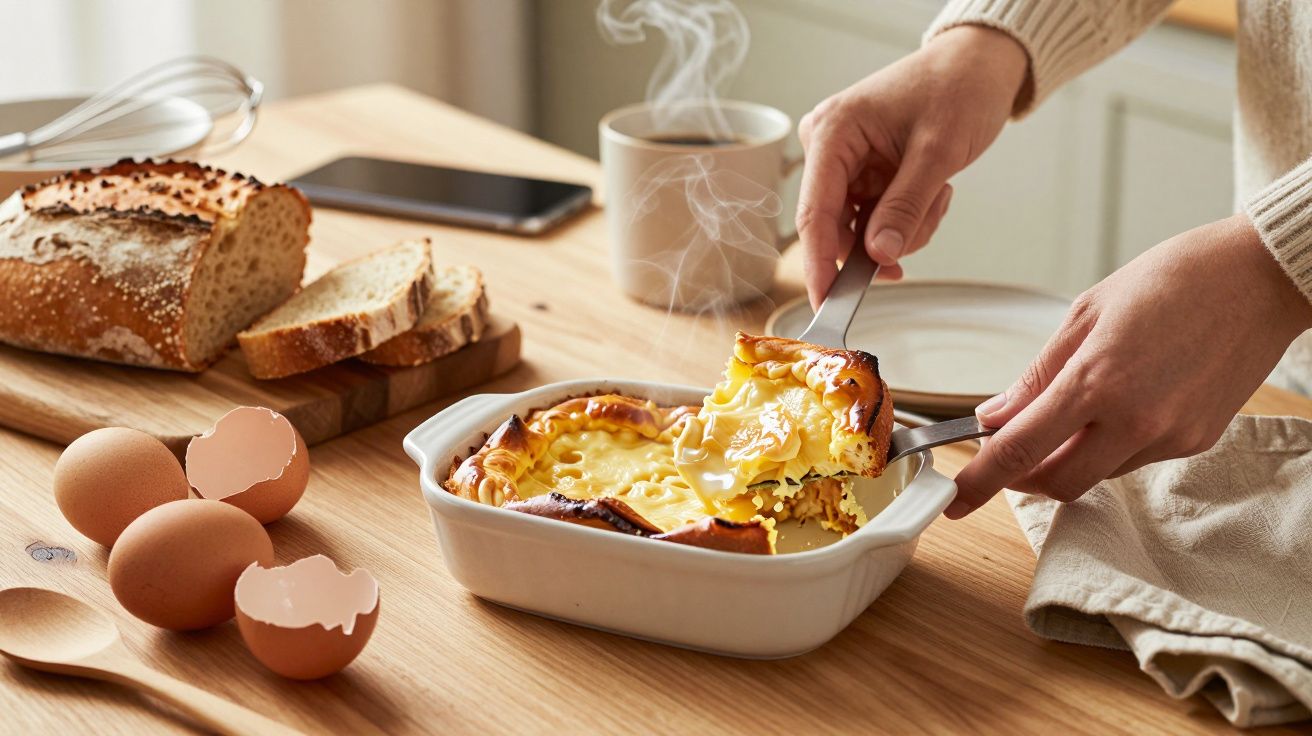 Mâini care taie o felie dintr-o budincă caldă, cu pâine, ouă și o cană cu abur pe masă.