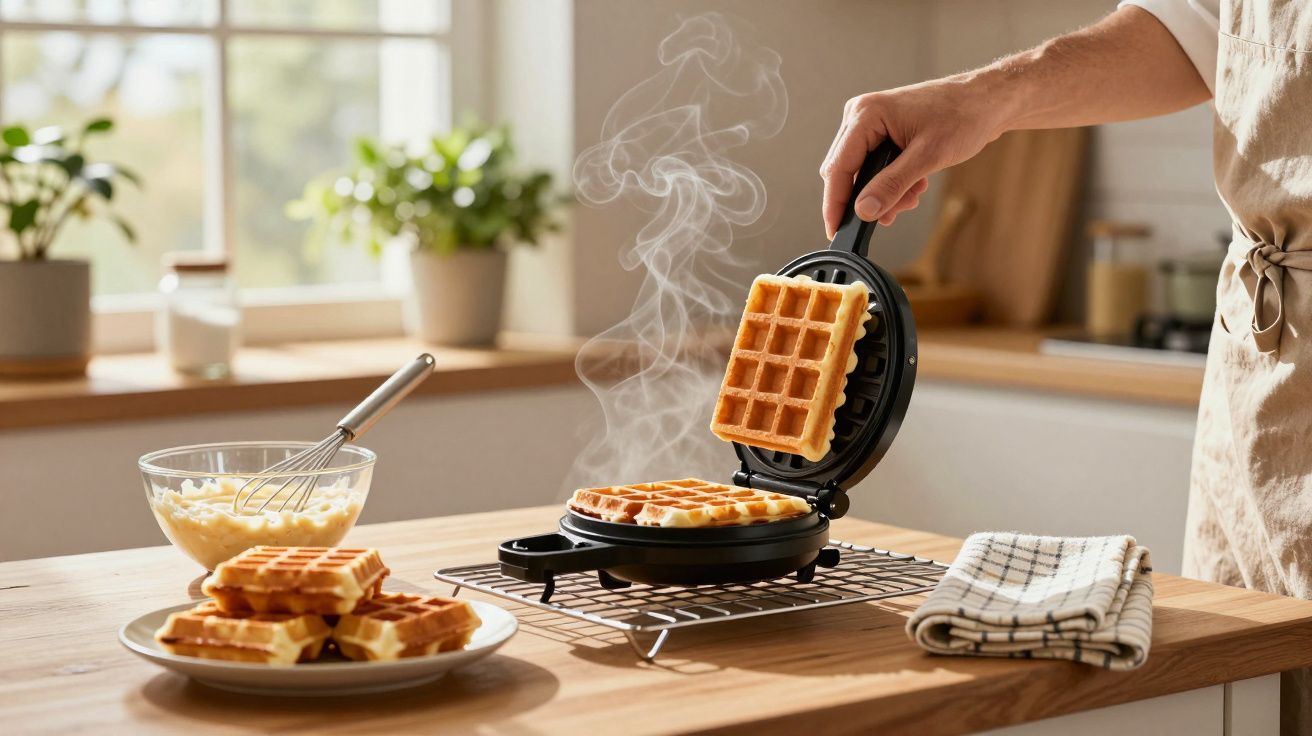 Persoană scoate gofre aburinde din aparatul de făcut gofre într-o bucătărie luminoasă, cu gofre pe farfurie.