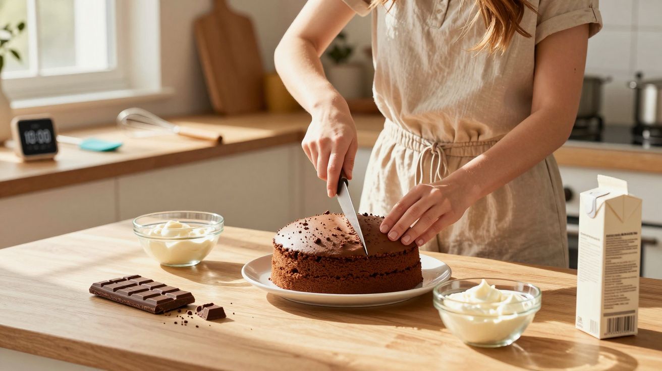 Femeie cu rochie bej taie un tort de ciocolată pe o farfurie în bucătărie luminoasă.