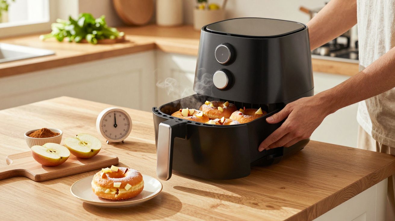 Persoană scoate gogoși calde cu mere dintr-o friteuză cu aer într-o bucătărie luminoasă.