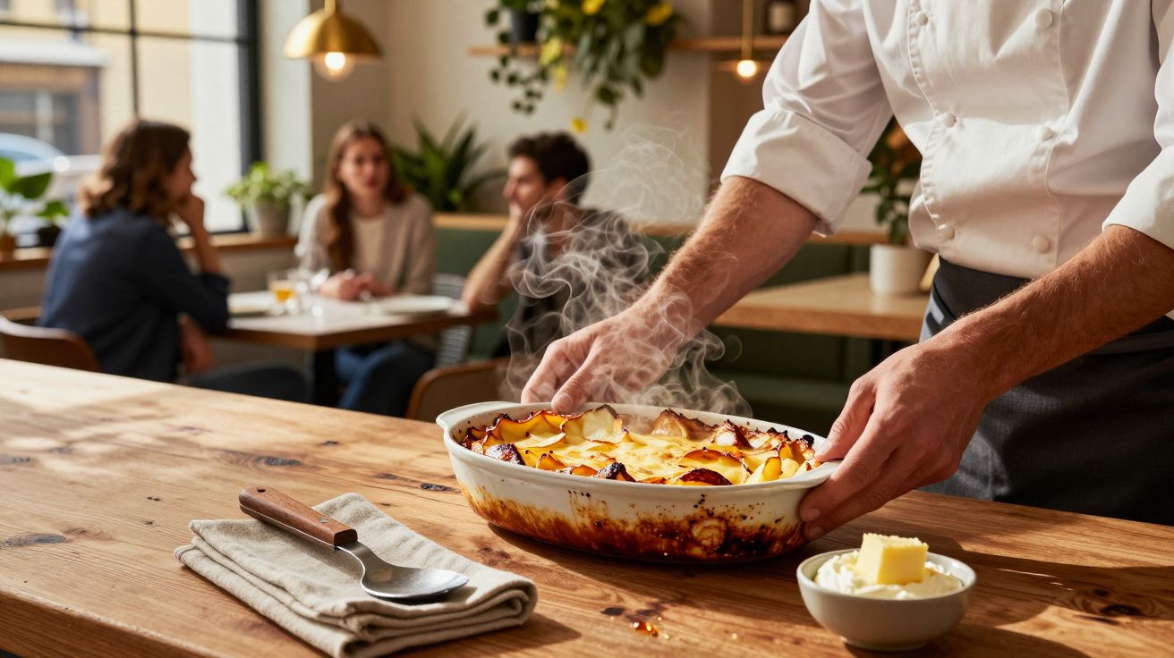 Bărbat așezând o tavă cu mâncare aburindă pe o masă de lemn, în fundal trei persoane la o masă.