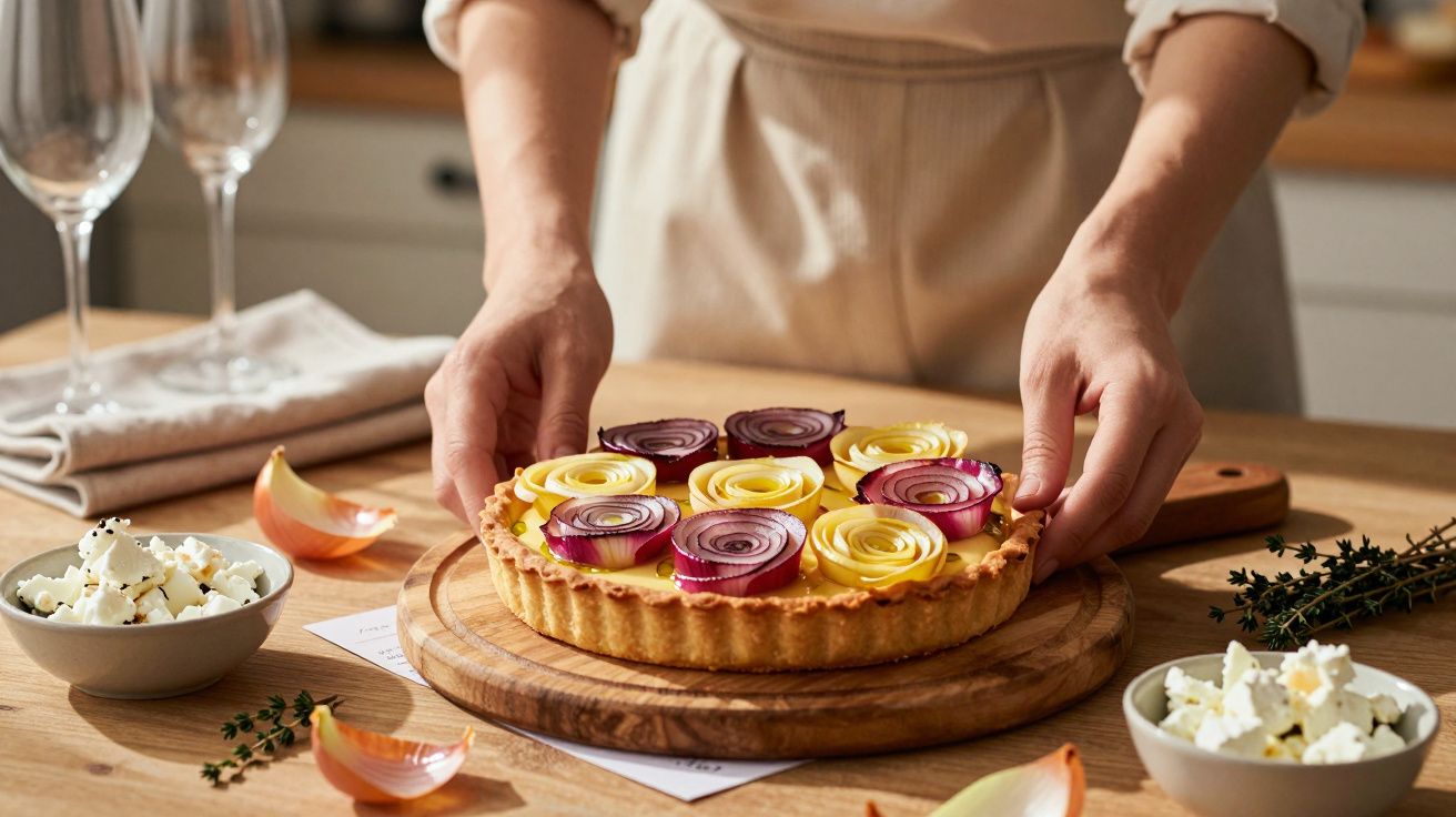 Persoană așezând pe masă o tartă cu foi în formă de trandafiri din ceapă roșie și galbenă, lângă boluri cu brânză.
