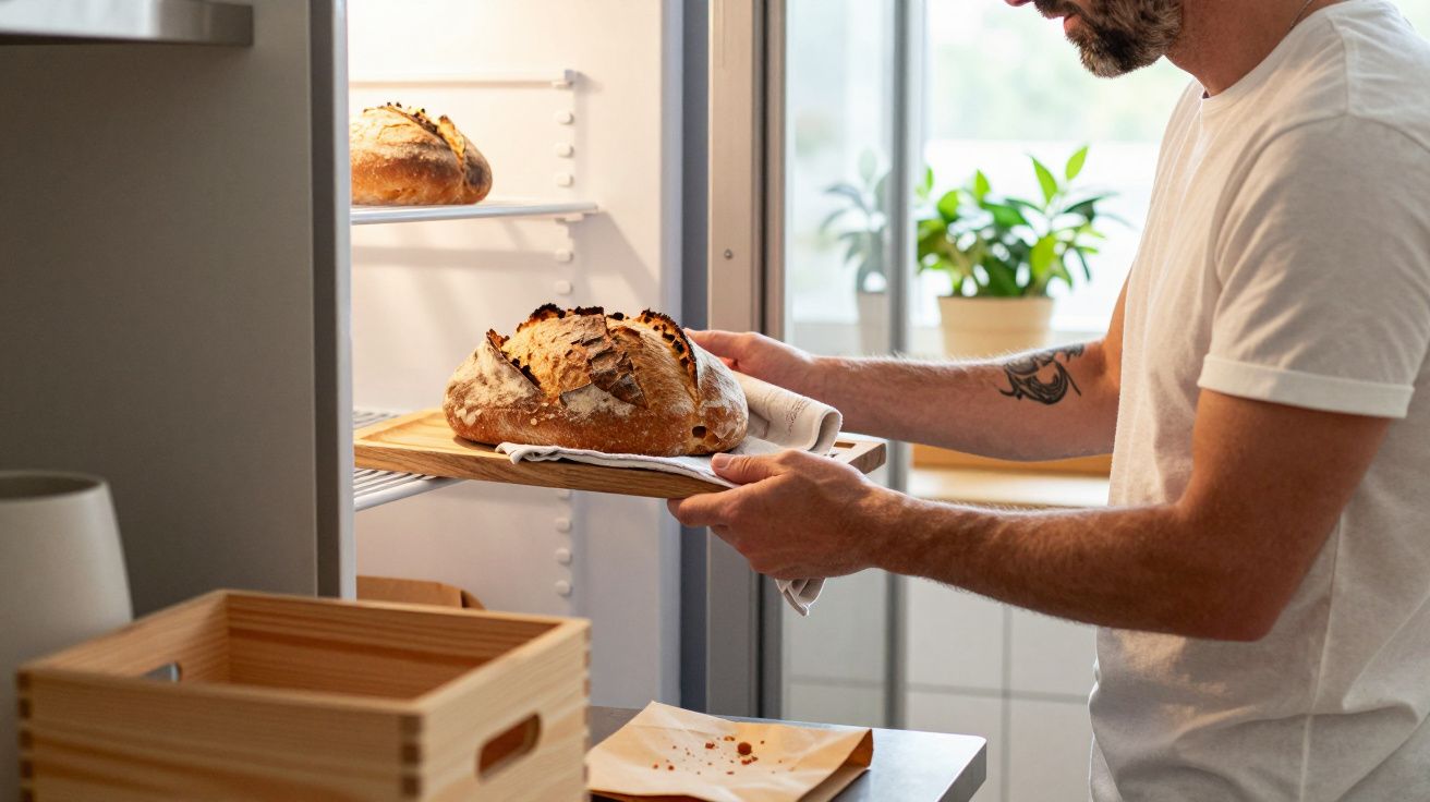 Bărbat cu tricou alb pune pâine proaspăt coaptă pe o tavă în frigider, lângă o casetă de lemn.