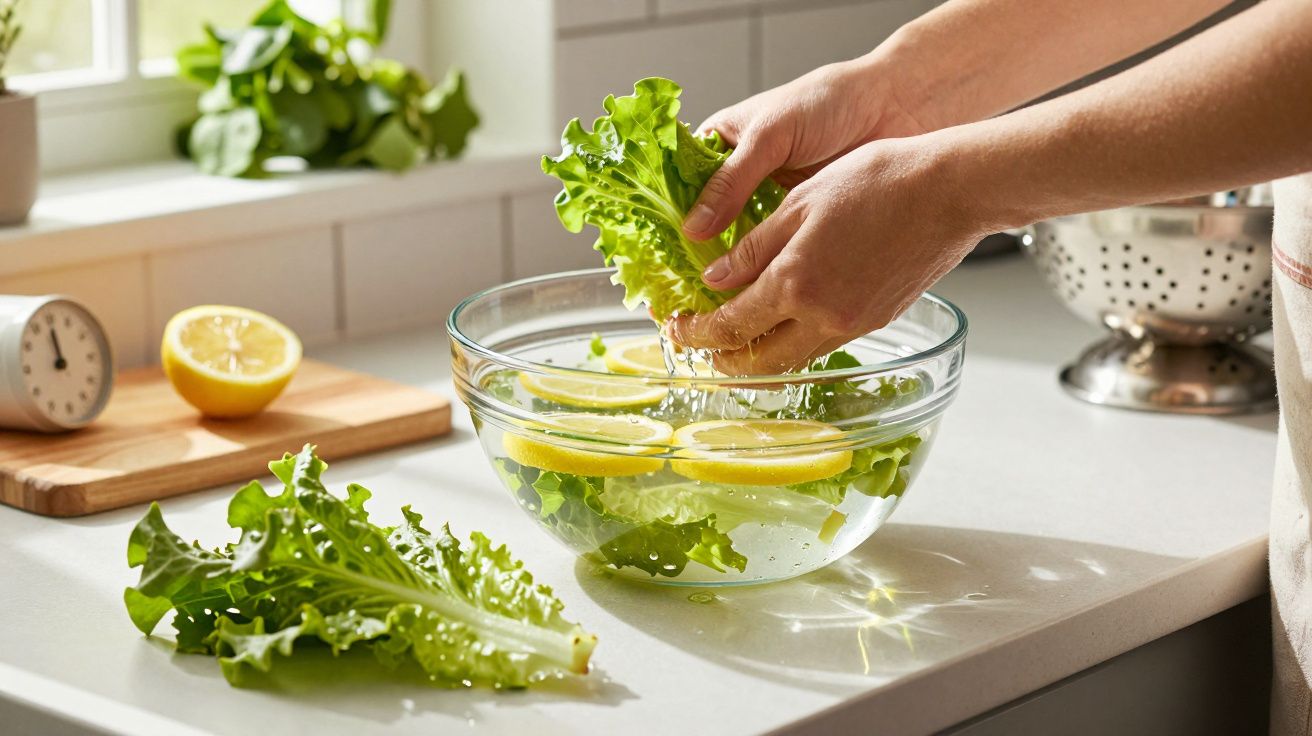 Mâini spală frunze de salată într-un castron cu apă și felii de lămâie pe o blată de bucătărie.
