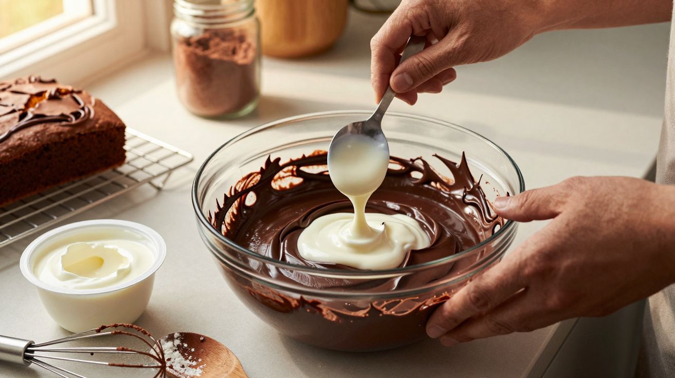 Mâini amestecând cremă albă cu ciocolată topită într-un bol de sticlă pe o masă de bucătărie.