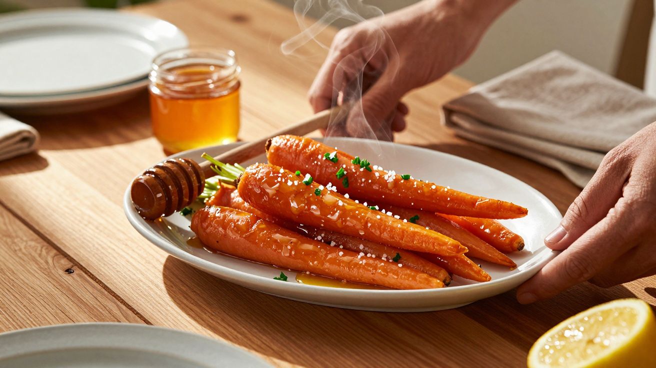 Morcovi fierbinți glazurați cu miere și sare, serviți pe o farfurie albă pe masă de lemn.