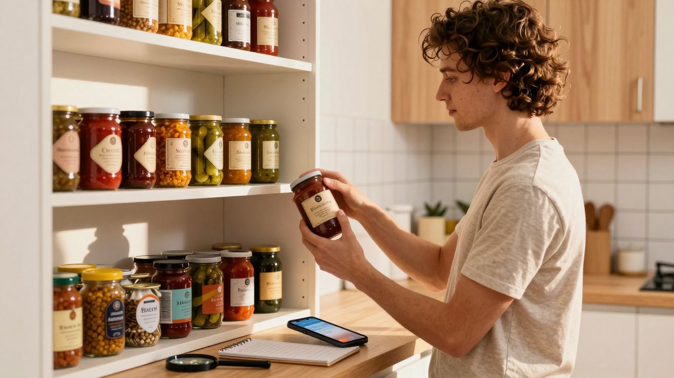 Bărbat tânăr în bucătărie selectând un borcan cu conserve dintr-un dulap deschis cu multe borcane.