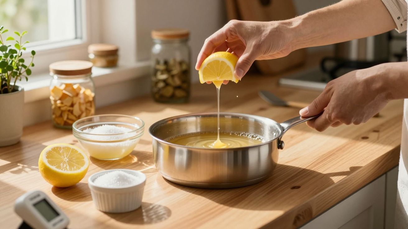 Mână stoarce o jumătate de lămâie într-o cratiță cu lichid, pe o masă de lemn în bucătărie.