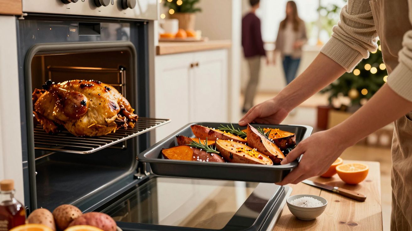 Persoană pune o tavă cu legume în cuptor cu pui la cuptor, decor de Crăciun în fundal.