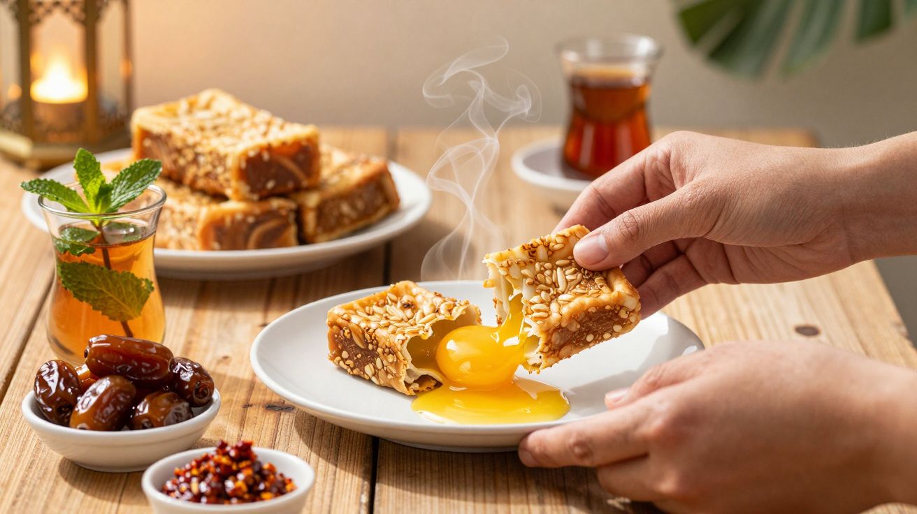 Bucată de desert cald cu semințe, scobită și cu gălbenuș curgător pe o farfurie albă, acompaniată de ceai și curmale.