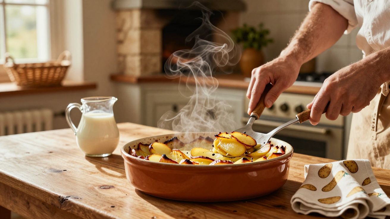 O persoană servește cartofi copți aburind într-un vas ceramic pe o masă de lemn într-o bucătărie luminoasă.