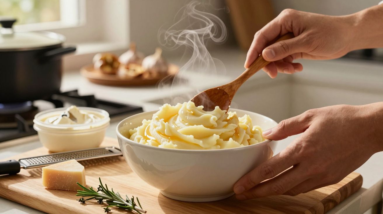 Mână amestecând piure de cartofi aburind într-un bol alb, pe o suprafață de lemn în bucătărie luminoasă.