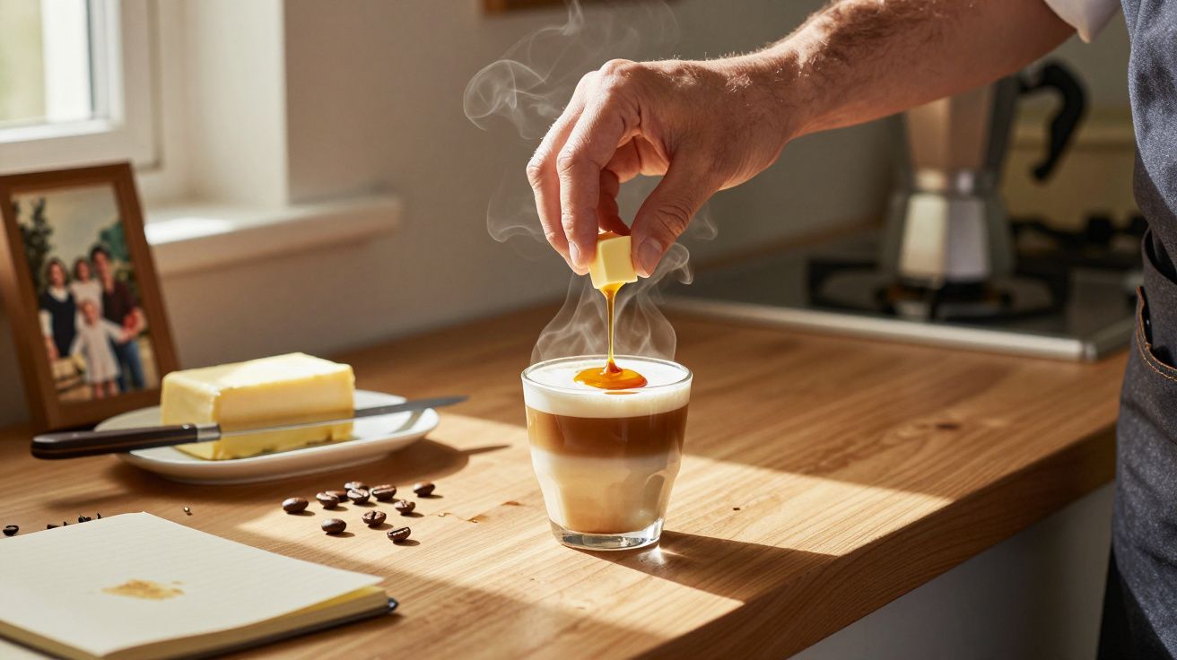 Mână adăugând sirop de caramel în cafea latte aburindă pe o masă cu unt și cafea boabe lângă fereastră.