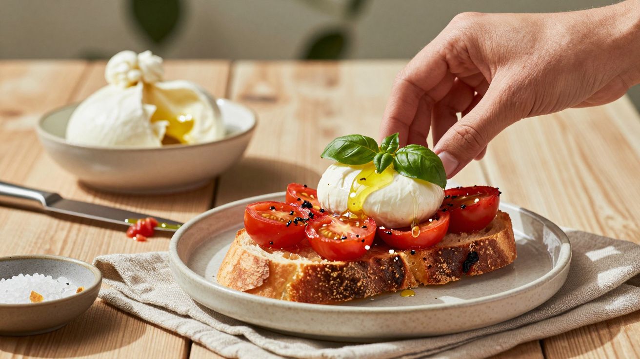 Felie de pâine prăjită cu felii de roșii, brânză mozzarella, busuioc și ulei de măsline pe farfurie.