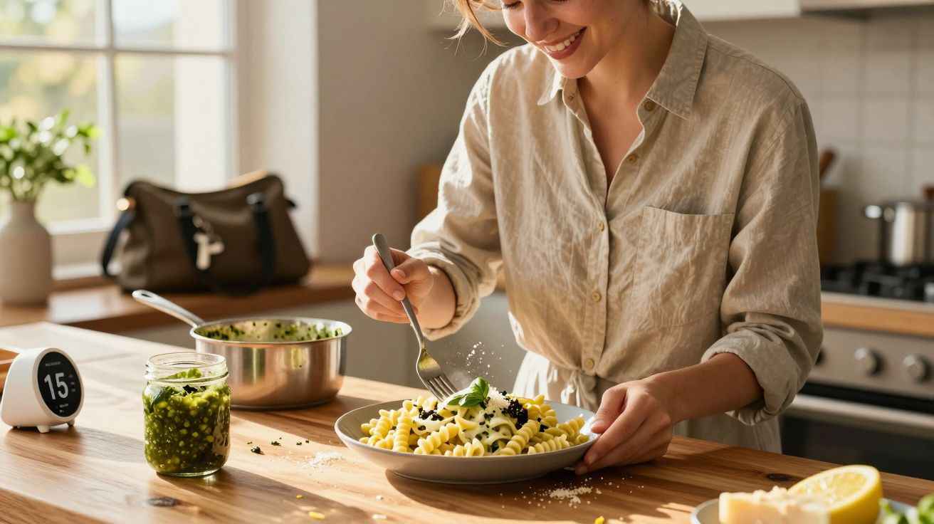Femeie zâmbitoare care presară parmezan pe paste fusilli cu sos verde, în bucătărie luminoasă.
