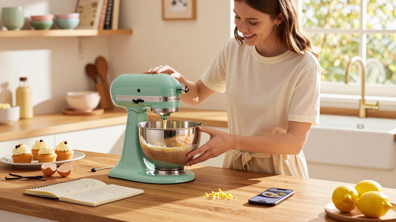 Femeie amestecând aluat cu mixer într-o bucătărie luminoasă, cu prăjituri și rețetă pe masă.