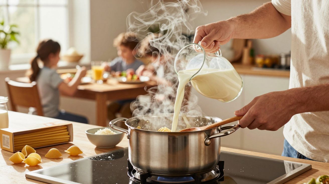 O persoană toarnă lapte într-o oală cu mâncare aburindă pe aragaz, copii mănâncă în fundal.