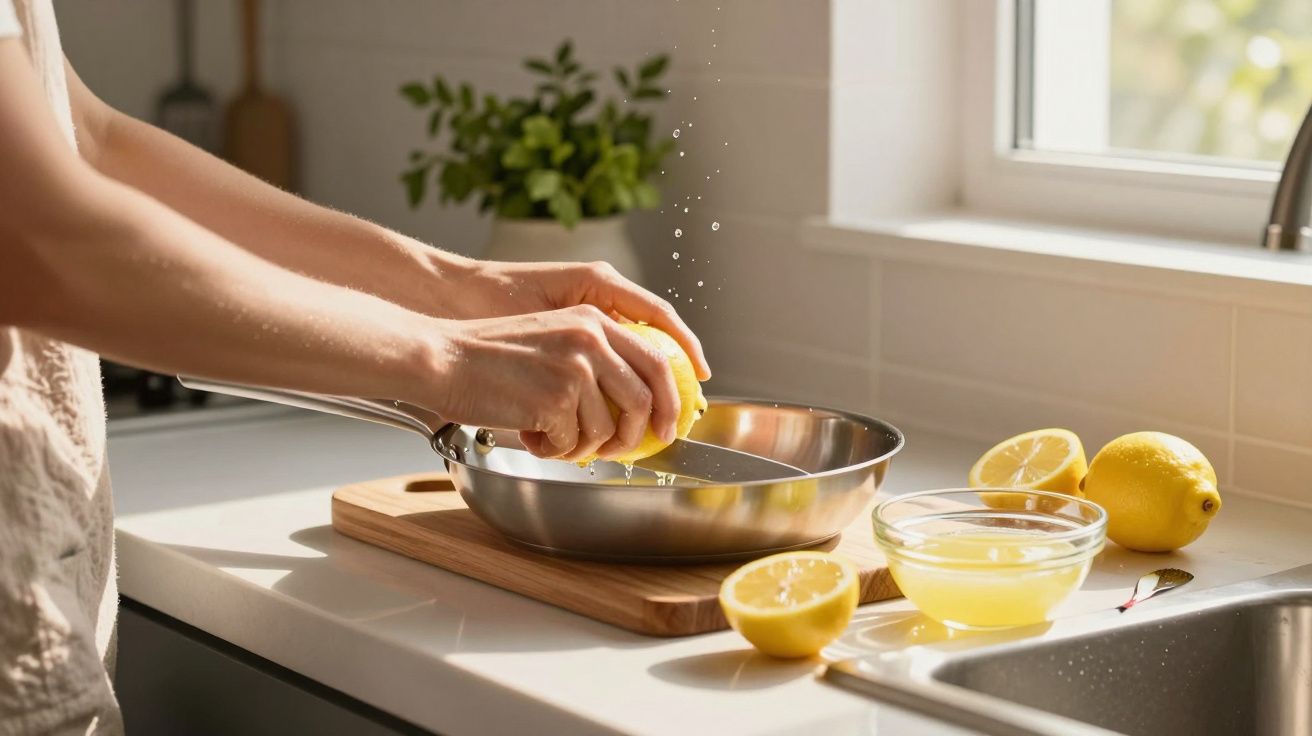 Persoană stoarce lămâie peste tigaie în bucătărie luminoasă lângă fereastră.