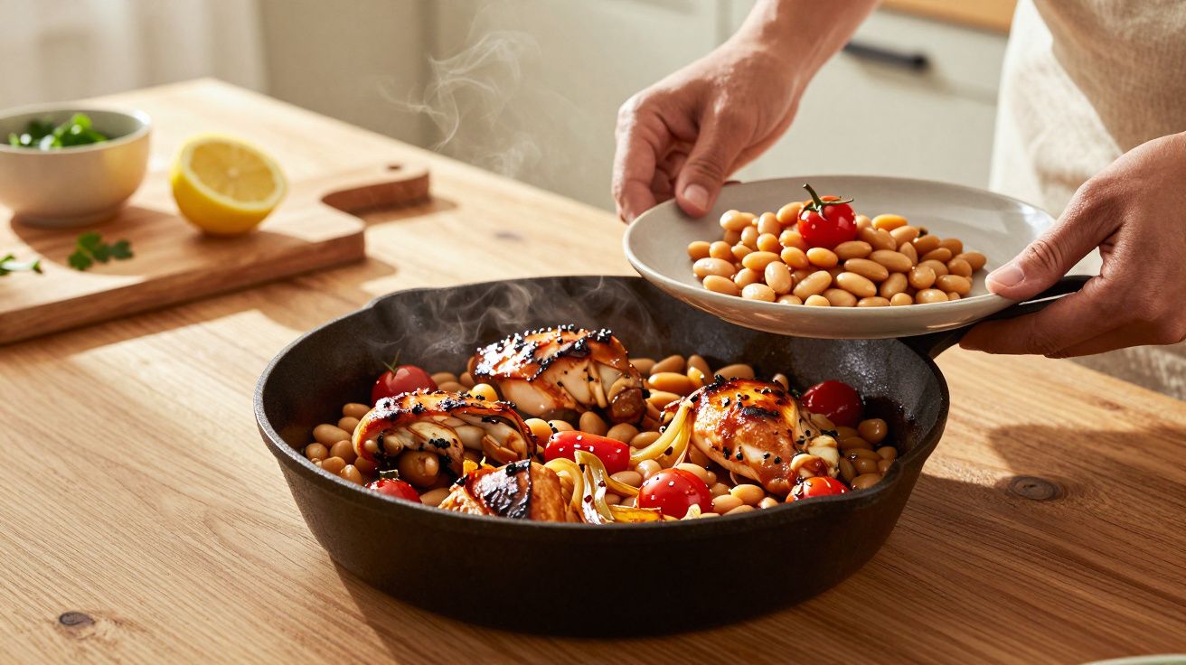 Pui fript cu fasole albă și roșii cherry într-o tigaie pe o masă de lemn.